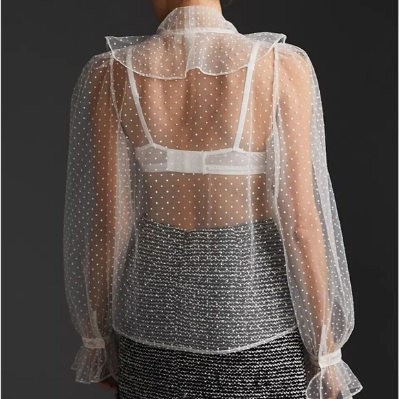 Anthropologie Dolan White Sheer Swiss Dot Tie-Neck Button Up Top Small - Picture 3 of 10